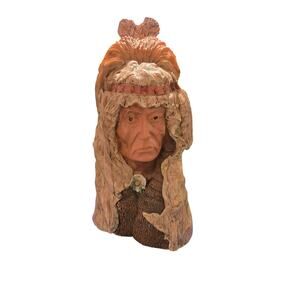 Vintage Rustic Faux Wood Carved Native American Chief Bust 9”